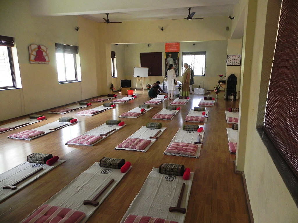 Our yoga hall is all decked out for a high-end pranayama (breathing) class.