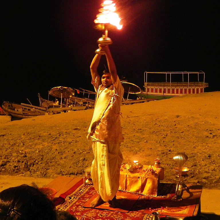A fire ceremony along the Ganges.